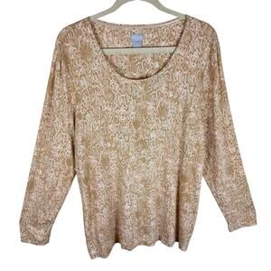 Chico's Tan Cream Snakeskin Scoop Neck Long Sleeve Rayon Stretch Pullover Top XL